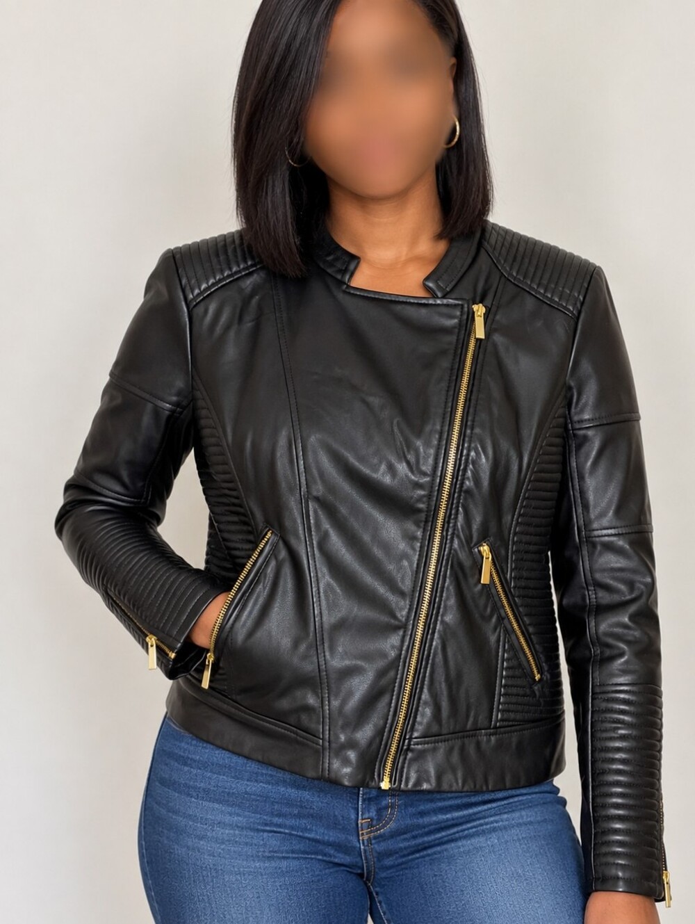 Catherine Malandrino Black Faux Leather Moto Jacket Gold Zippers Women’s M